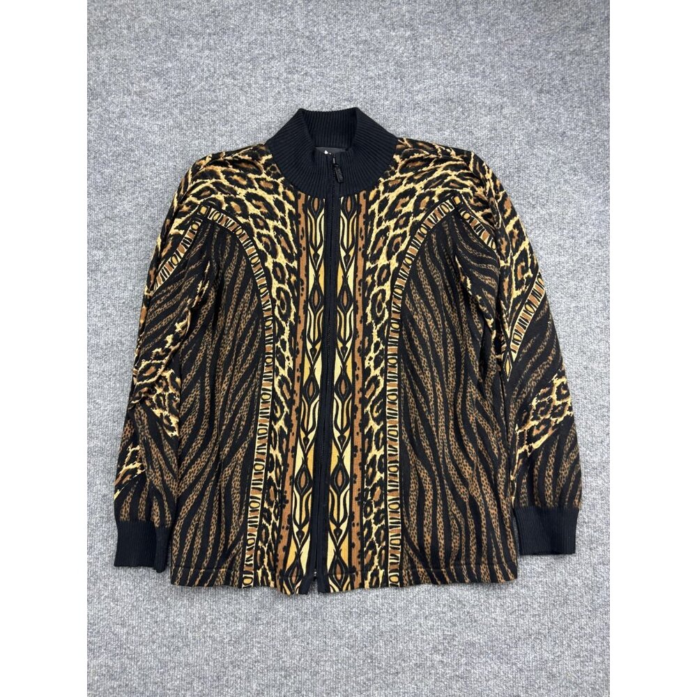 Bob Mackie Wearable Art Sweater Womens Large Black Brown Full Zip Animal Print